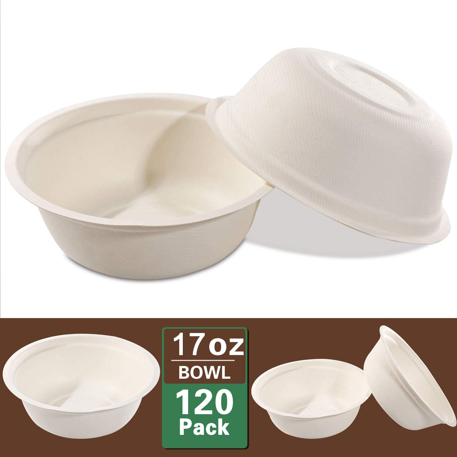 Nervure 120 cuencos de papel biodegradables, cuencos compostables de 16 onzas, resistentes hechos de la naturaleza, hechos 100% de fibras de caña de