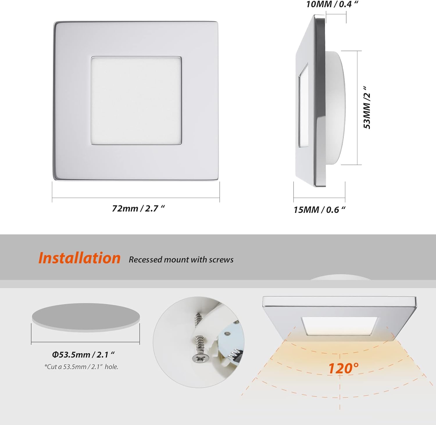 Dream lighting Luces LED empotrables cuadradas para caravana, remolque, cámper, iluminación interior de 12 voltios, 3.0 W, carcasa cromada, paquete