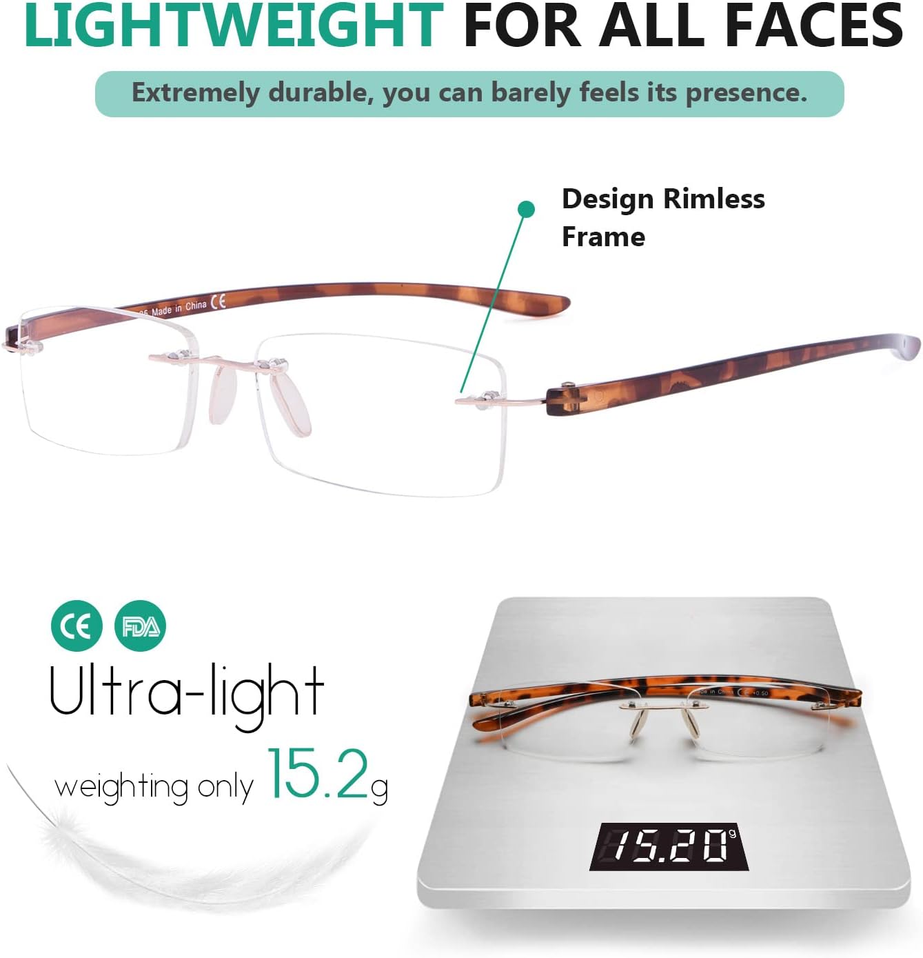 Eyekepper Lentes de lectura pequeños sin montura para mujer, lentes de lectura sin marco para hombres con brazos de tortuga