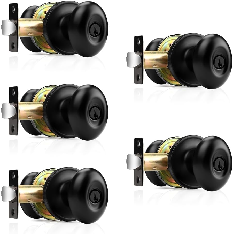 Probrico Pomos de puerta de entrada con llave igual, ovalados, color negro, con cerradura de perillas de puerta delanteraexterior, paquete de 5