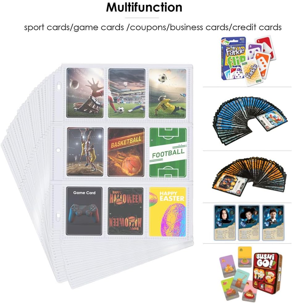 POKONBOY Paquete de 100 fundas para tarjetas de intercambio de 9 bolsillos, hojas de almacenamiento de tarjetas de intercambio para tarjetas de
