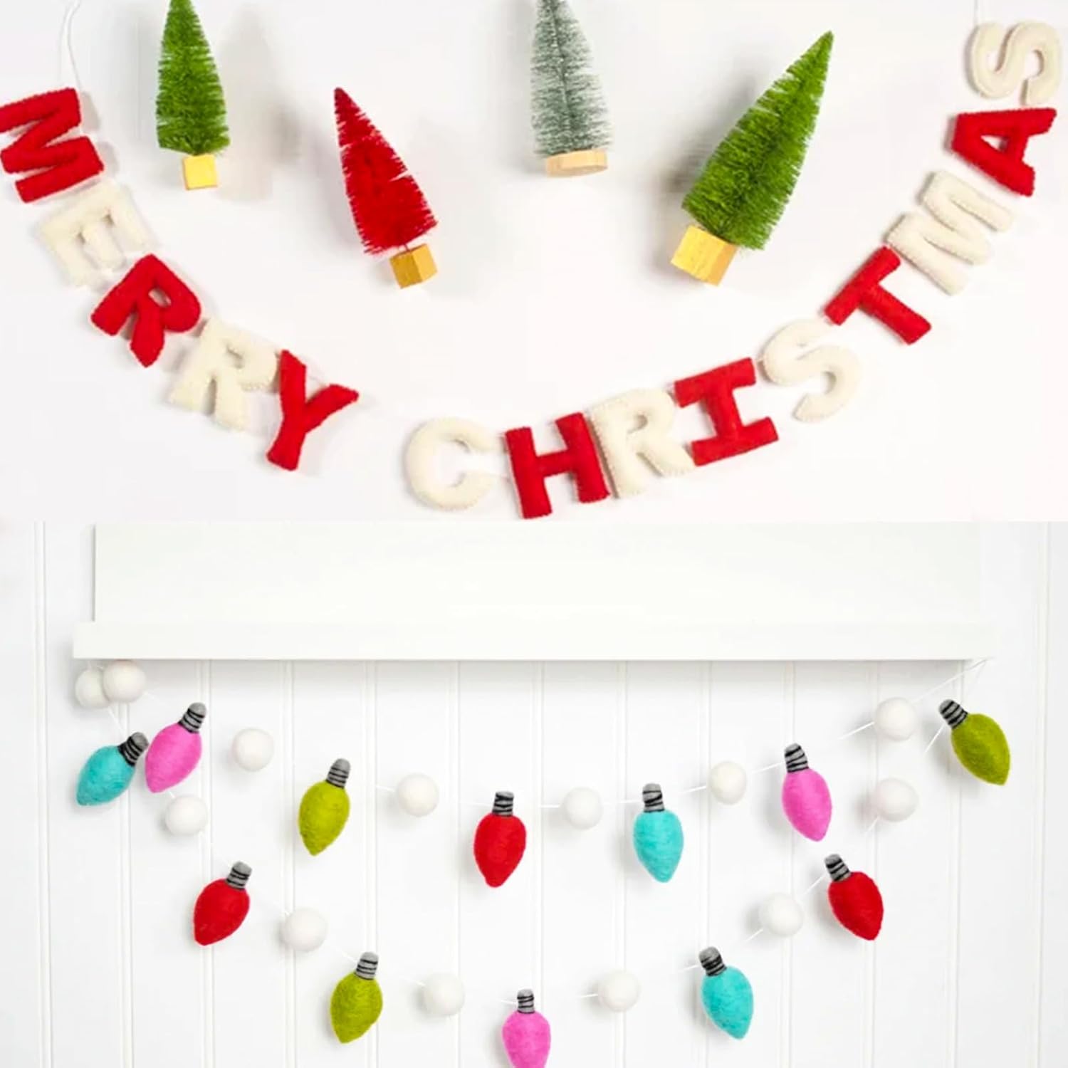 Guirnalda de luces de fieltro de Navidad de 6.6 pies, 8 bombillas con forma de arco iris, guirnalda decorativa de color navideño para árbol de