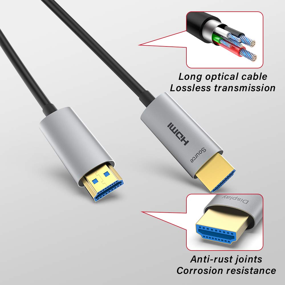 ATZEBE Cable HDMI de fibra óptica de 50 pies, cable HDMI de fibra compatible con 4K60Hz, 444422420, HDR, Dolby Vision, HDCP 2.2, ARC, 3D, alta