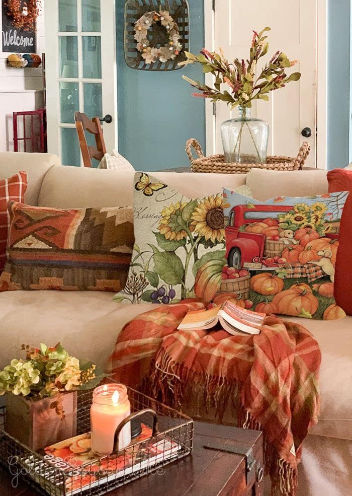 Fundas de almohada de otoño de 18 x 18 pulgadas, funda de almohada de lino para sofá, casa de campo, Acción de Gracias, decoraciones de otoño