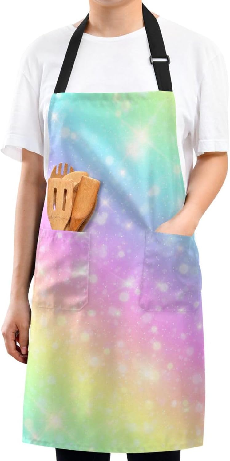 RPLIFE Delantal de cocina para mujer, diseño de arco iris con purpurina y bolsillos, delantal de chef impermeable, delantal de peluquería