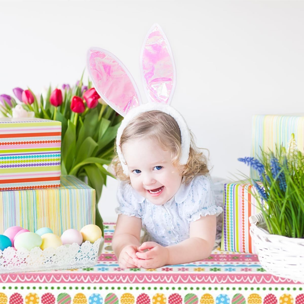 Paquete de 3 manteles de Pascua, mantel de huevos de conejo de Pascua, mantel rectangular de plástico desechable de 54 x 108 pulgadas, para
