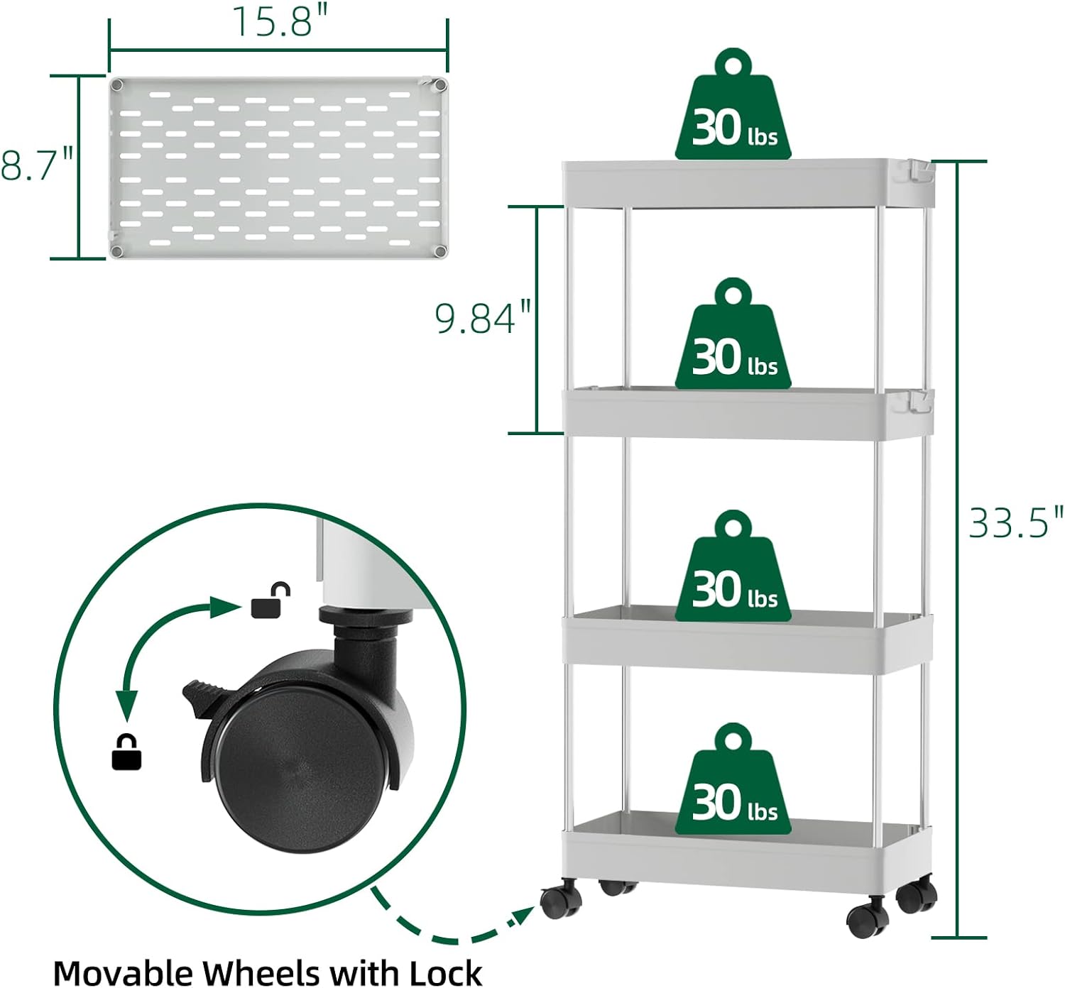 OTK Carrito de almacenamiento de 4 niveles, estantería móvil, carrito con ruedas para baño, cocina, dormitorio, oficina, lavandería, lugares