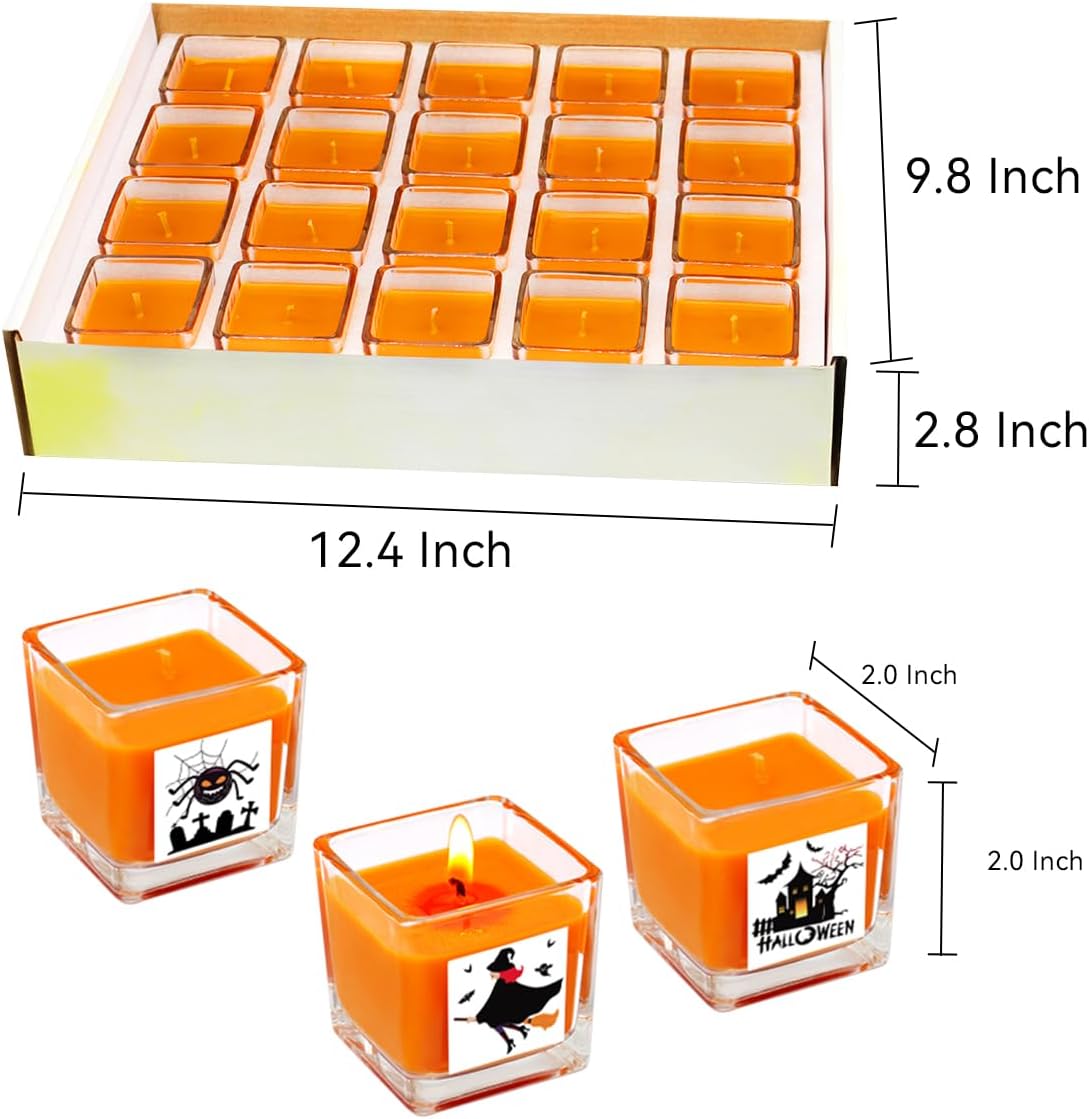 Paquete de 20 velas votivas naranjas en tarro de vidrio cuadrado transparente, velas perfumadas de calabaza, 10 horas de tiempo de combustión,
