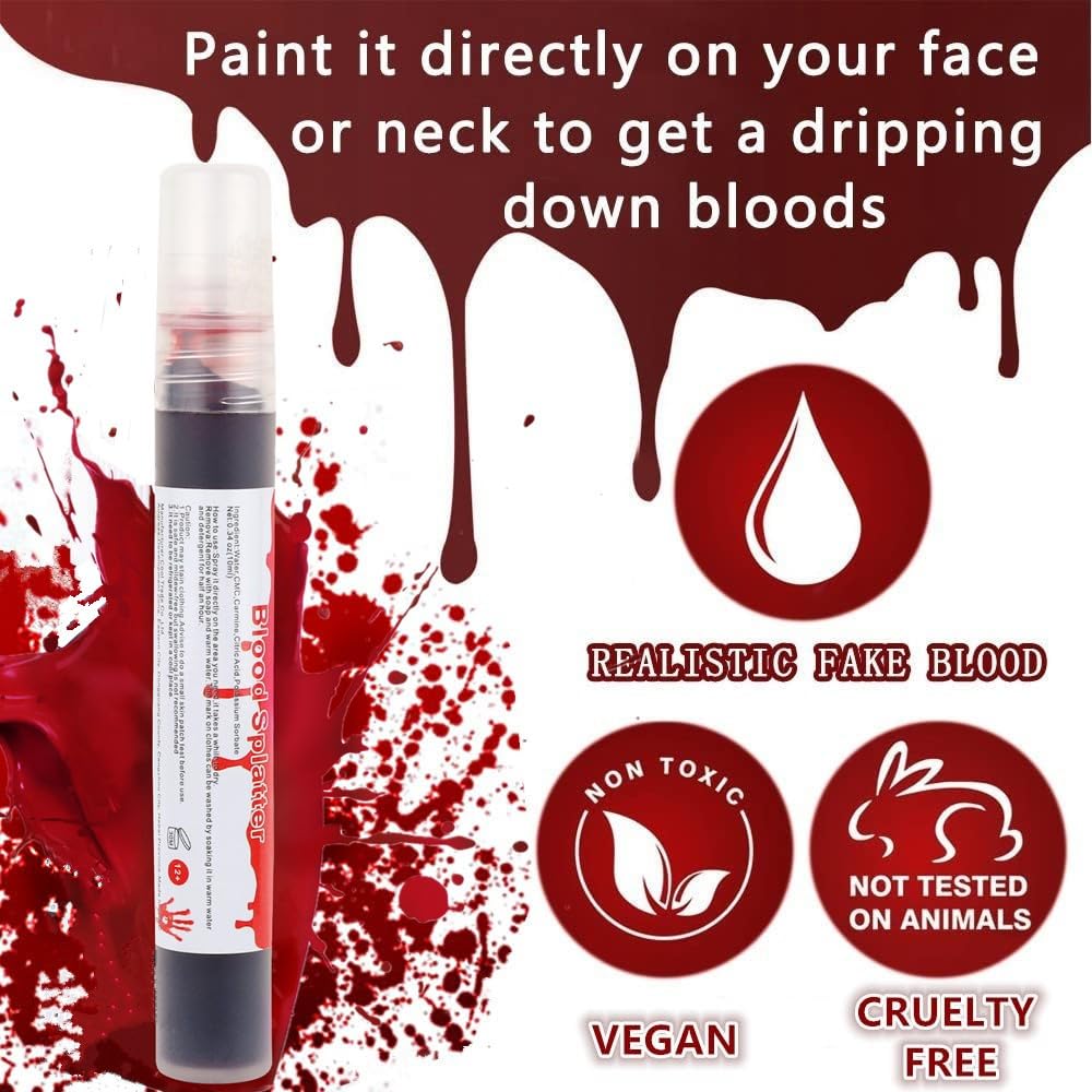 Go Ho Salpicaduras de sangre, maquillaje de sangre falsa (0.35 onzas), aerosol de sangre falsa para Halloween, gotas de sangre para ojos, pintura