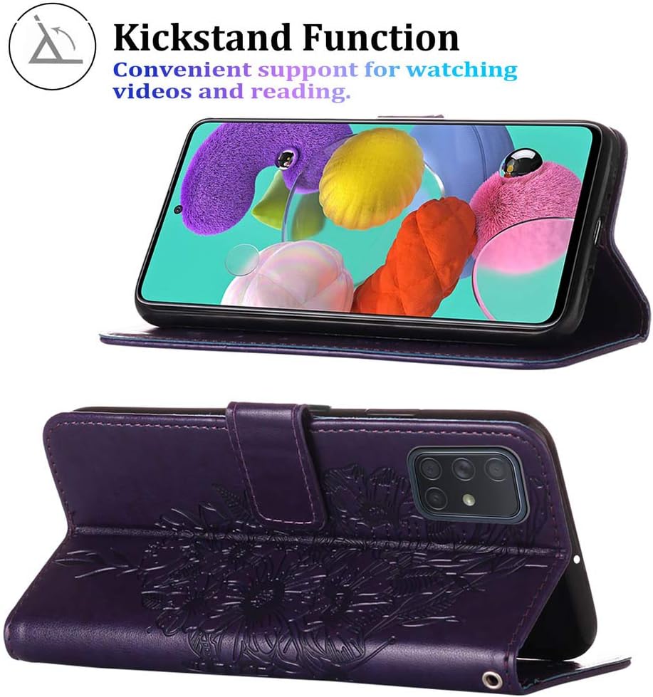 Funda A51 para Samsung A51, función atril, correa de muñeca, ranuras para tarjetero, diseño floral de mariposa en relieve, funda protectora de piel