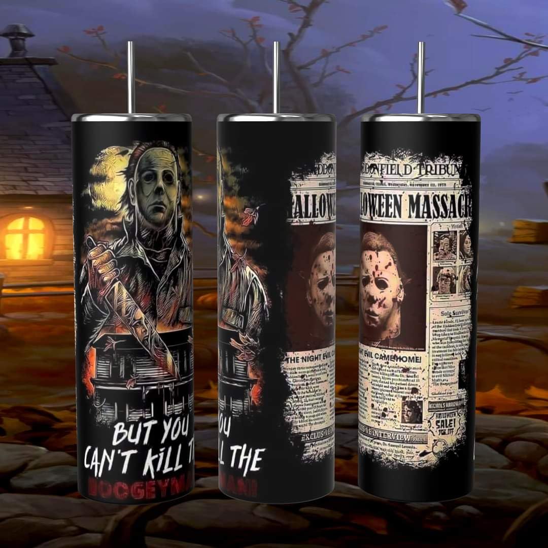 Halloween Horror Movie Michael Meyers 20 oz Skinny Thermal Insulated Stainless Steel Tumbler for Hot or Cold Beverages Includes Stainless Steel