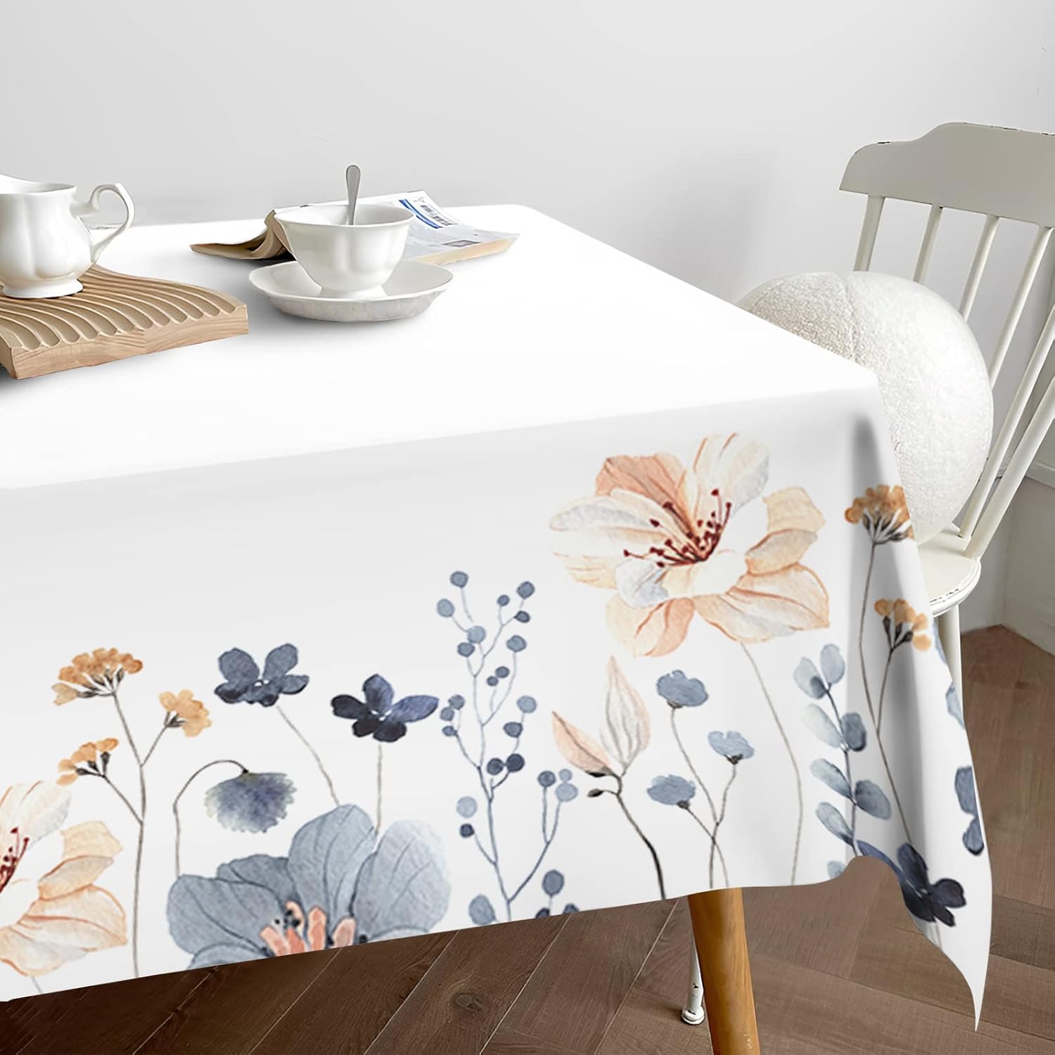 Blue Beige Flowers Fabric Waterproof Tablecloth,Rectangle Watercolor Wrinkle Oil-Proof Resistant Table Cover for Dining Table, Modern Minimalist