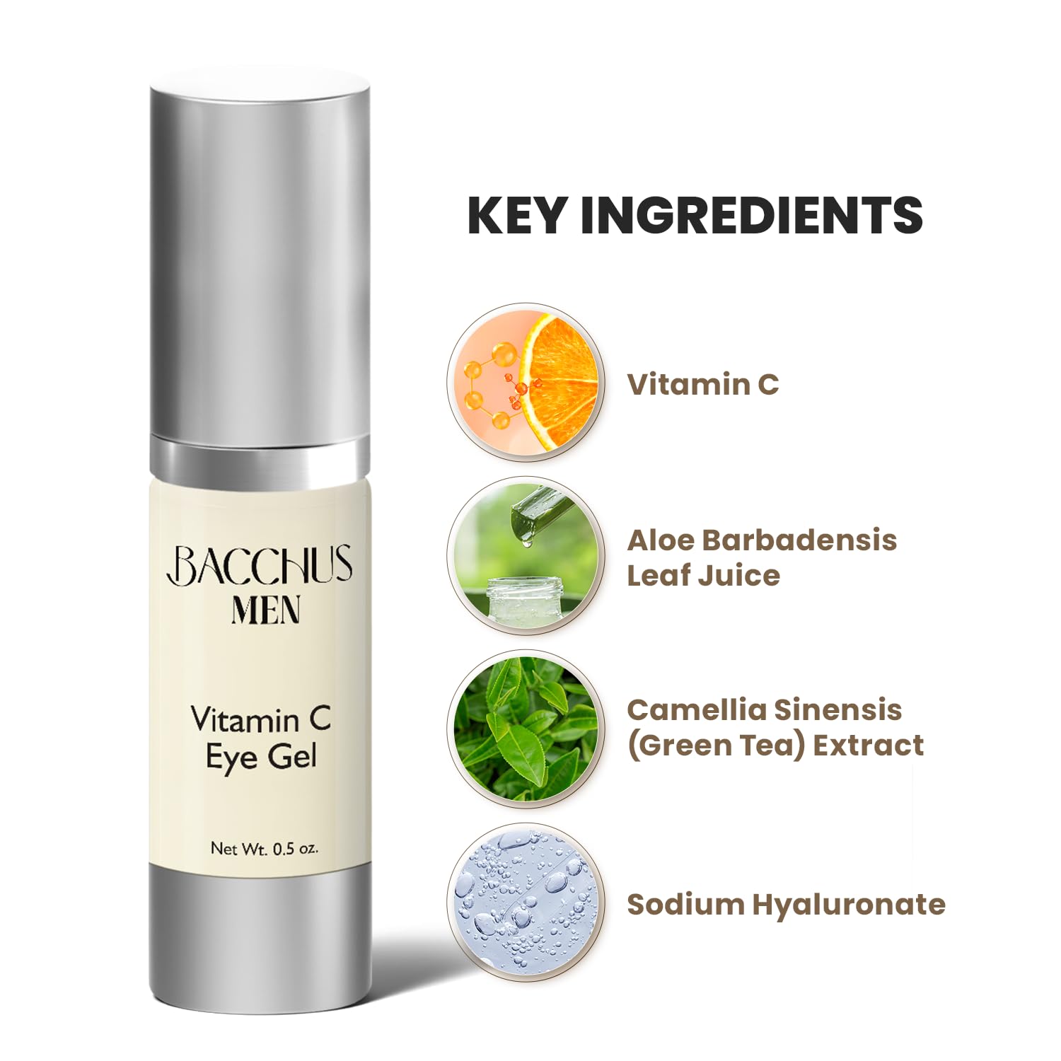 Bacchus Gel para ojos con vitamina C para hombres, reduce las ojeras, las manchas y la hinchazón de los ojos, tratamiento antienvejecimiento nutre,