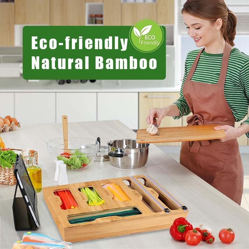 Organizador de almacenamiento de bolsas Ziplock 6 en 1, dispensador de papel de bambú y plástico con cortador organizador para cajón de cocina,