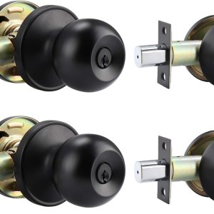 Brotima Juego de 2 cerraduras para puerta de entrada y cerrojo de un solo cilindro en acabado negro mate, cerradura de perilla exterior con llave Brotima Juego de 2 cerraduras para puerta de entrada y cerrojo de un solo cilindro en acabado negro mate, cerradura de perilla exterior con llave