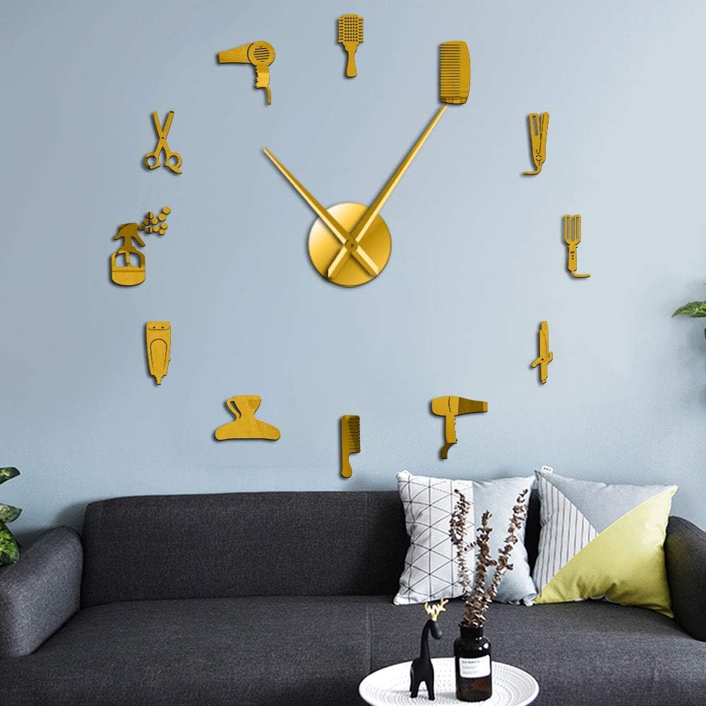 DIY Barbería Reloj de pared gigante con efecto espejo Barbería Toolkits Decorativo sin marco Reloj Peluquero Peluquero Arte de pared (dorado)