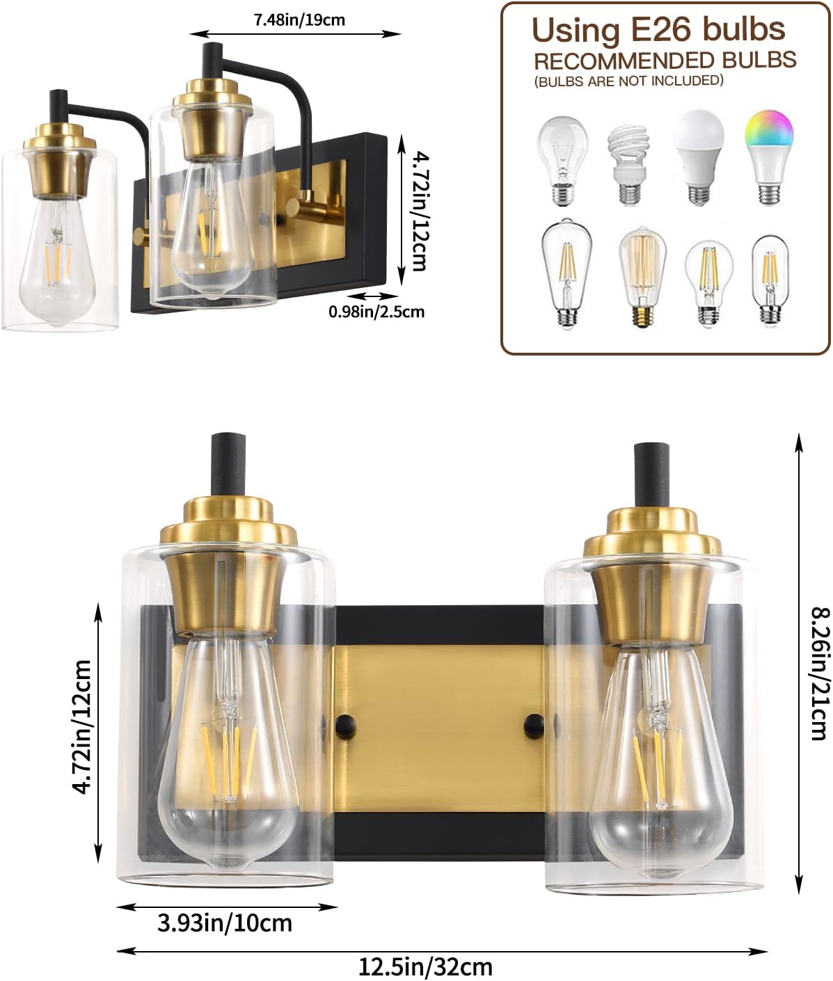 2 lámparas de tocador de baño, modernas luces negras y doradas, lámparas de baño sobre espejo con pantalla de vidrio transparente, apliques de pared