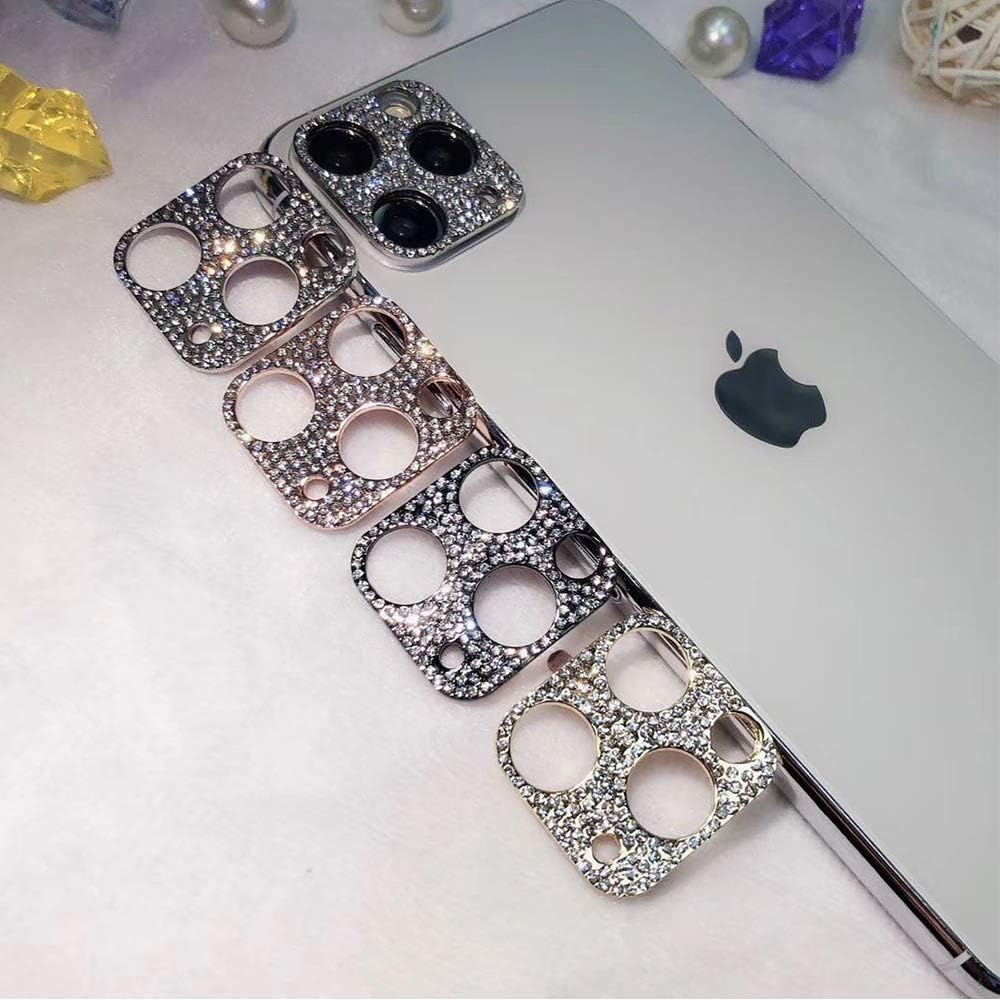 GSRYPC Paquete de 2 protectores de lente de cámara para iPhone 12 Pro Max, adhesivo con purpurina 3D con diamantes (oro rosa)