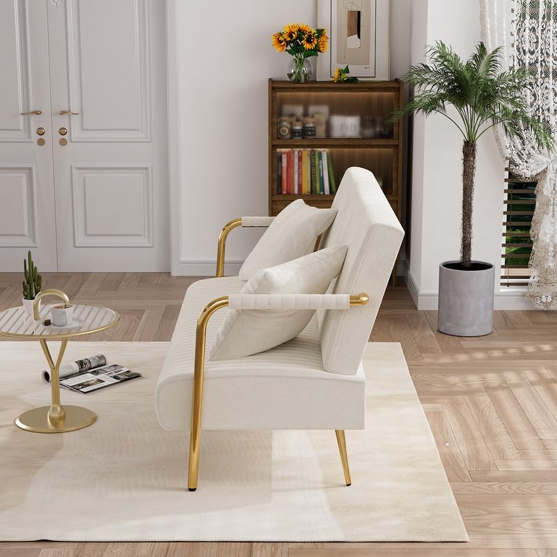 Moderno sofá biplaza de terciopelo, sofá tapizado de terciopelo, sofá de 2 plazas de mediados de siglo con patas de metal dorado, cómodo sofá
