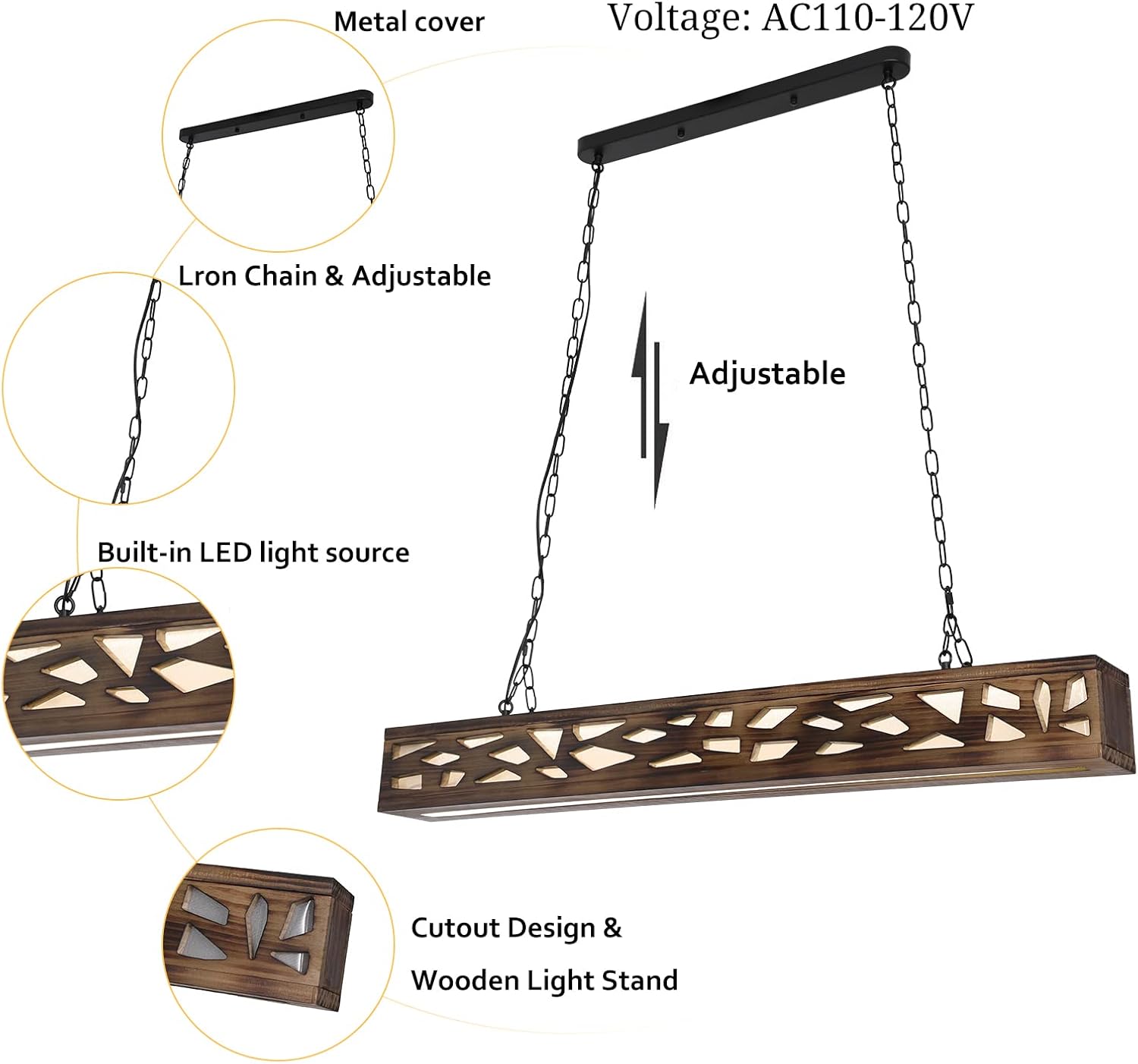 Lámpara de araña de isla de cocina, rectangular de madera, LED, regulable, para granja, industrial, colgante para cocina, pasillo, bar