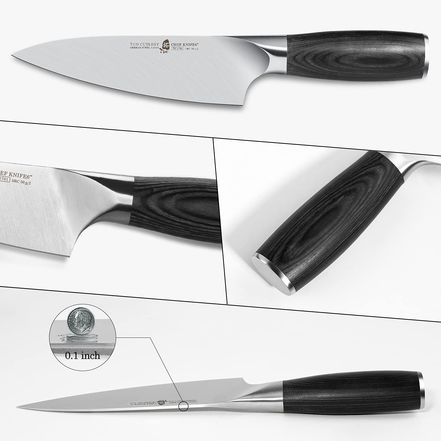 TUO Cuchillo de chef de 6 pulgadas, cuchillo de cocina Gyuto, acero inoxidable alemán de alto carbono, cómodo mango de madera de Pakkawood, espiga