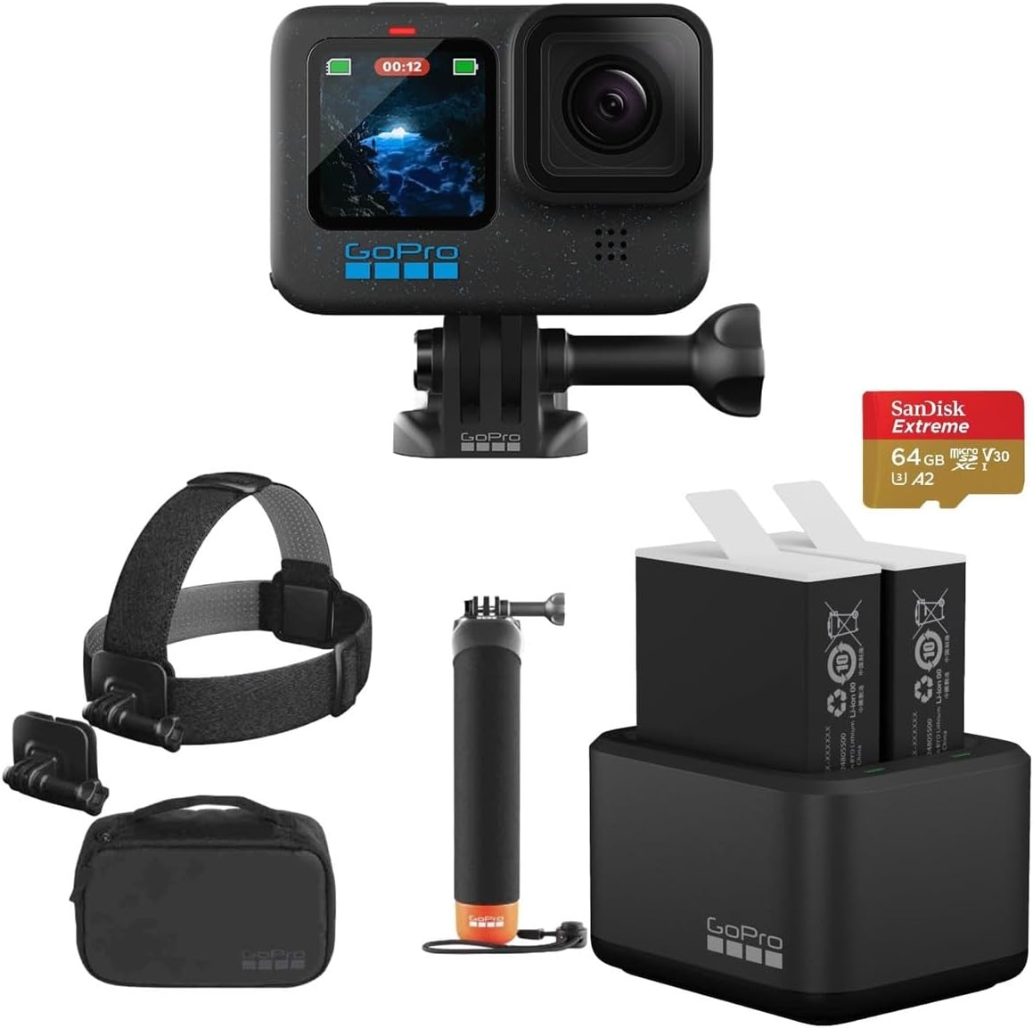 GoPro Paquete de cámara negra HERO12 cámara de acción impermeable con cargador de batería dual, 2 baterías de enduro, kit de aventura y tarjeta