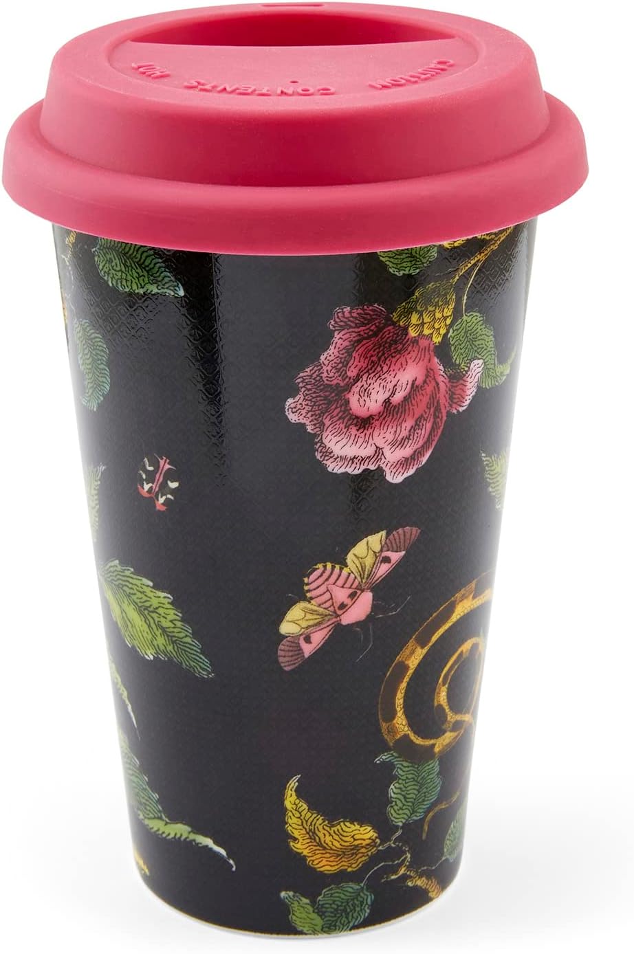 Spode Creatures of Curiosity Collection – Taza de viaje con tapa, vaso para café y té, taza de agua, 10 onzas, diseño floral oscuro, apto para