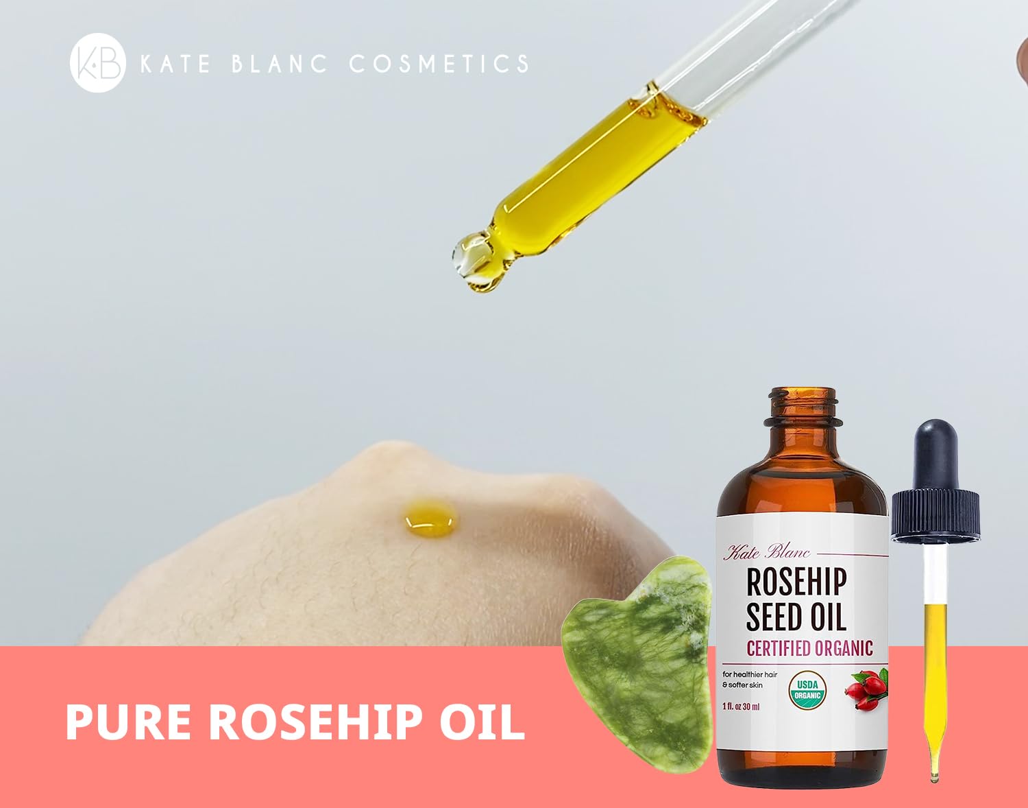 Kate Blanc Cosmetics Aceite de rosa mosqueta para cara y piel con kit de piedra Gua Sha (1 onza) Aceite de semilla de rosa mosqueta orgánico USDA