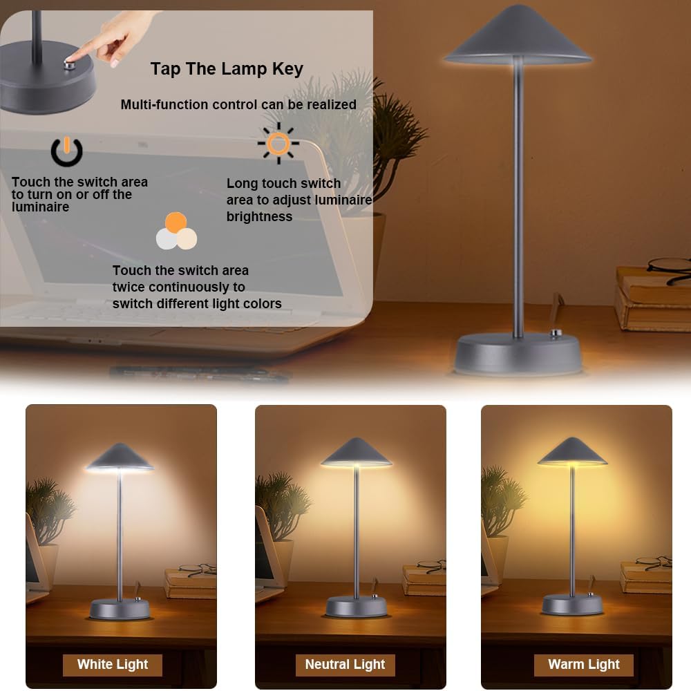 Lámpara de escritorio portátil de metal, lámpara de mesa LED de metal inalámbrica, lámpara recargable de control táctil de 3 colores, lámpara de
