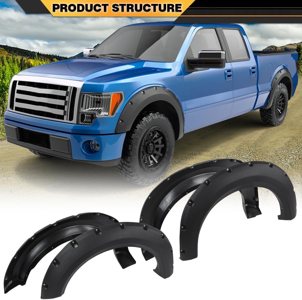 CNNELL Fender Flares – Funda de rueda negra con textura de remache de bolsillo, 4 piezas, compatible con Ford F150 09-14 Styleside solo con modelos