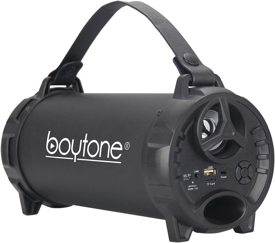 Boytone BT-40BK Altavoz portátil Bluetooth para interiores y exteriores, 2.1, cilindro de alta fidelidad, con tarjeta sub y SD incorporada de 2 x 3,