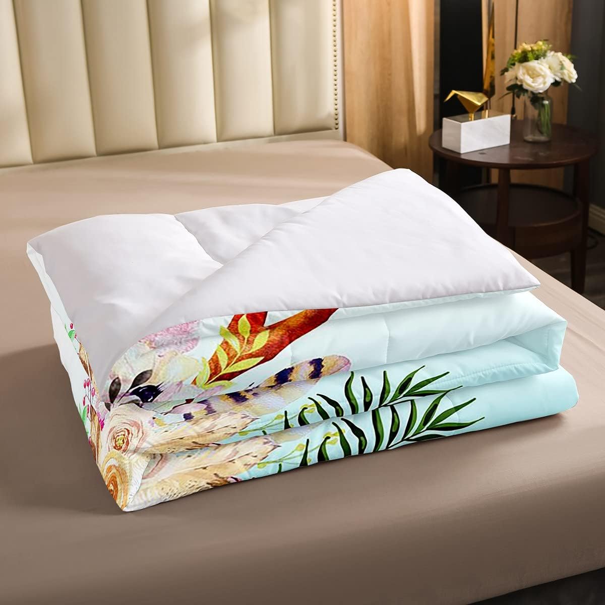 Erosebridal Juego de edredón de búho, edredón de plumón de flores amarillas y rosas, juego de ropa de cama tamaño Queen con bonito diseño de pájaros