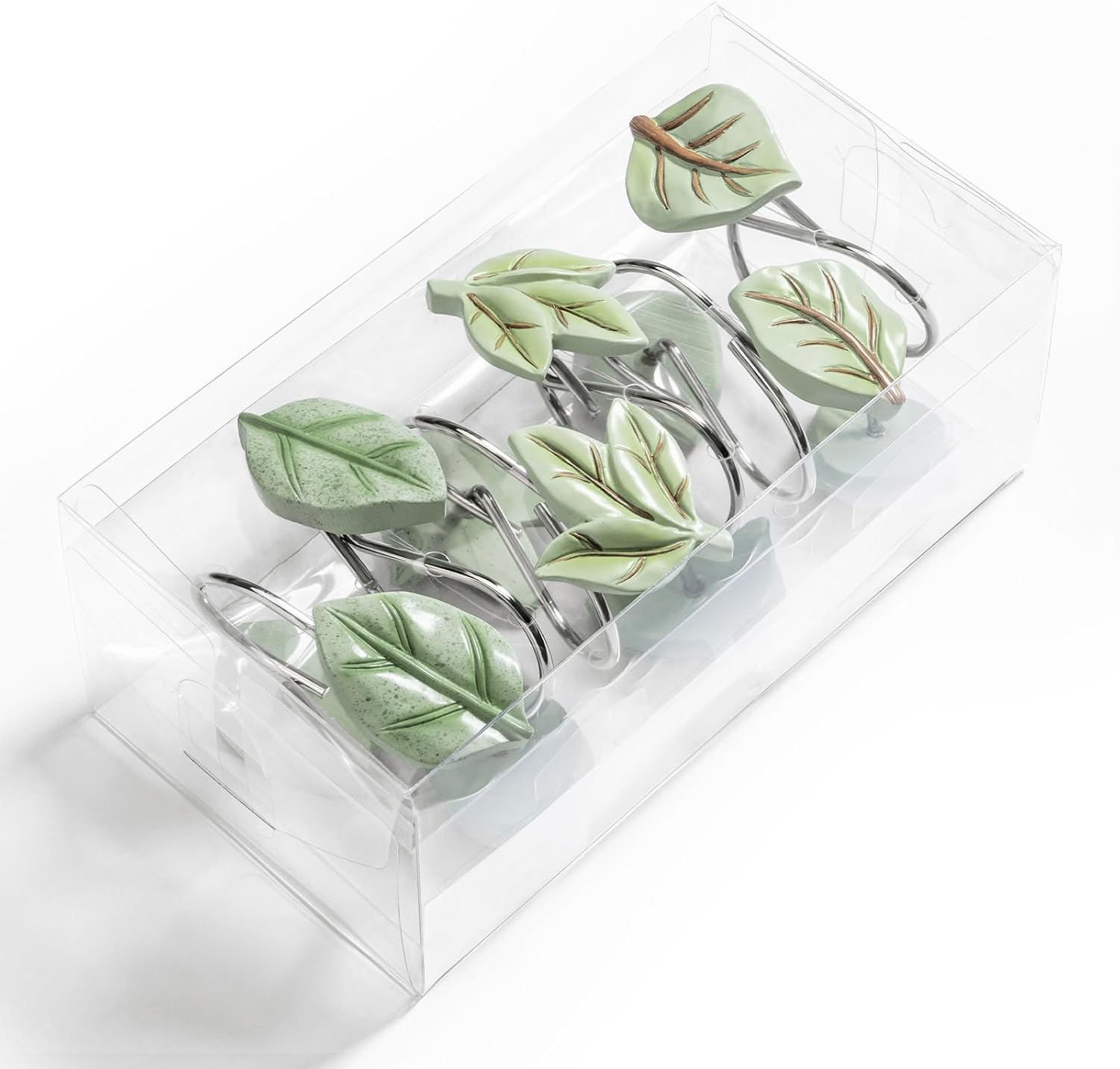 Gibelle Ganchos decorativos para cortina de ducha, 12 piezas de hojas de plantas verdes, ganchos decorativos de metal a prueba de óxido, bonitos