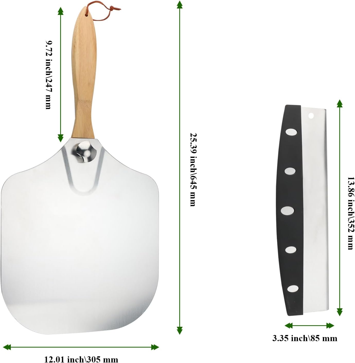 4 unidades de 12 x 14 pulgadas para pizza con 2 basculantes para cortar pizza, pala de pizza de metal de aluminio con mango de madera plegable para
