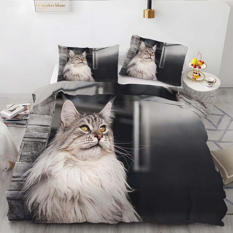 Dark Gray Long Hair Cat King Duvet Cover Animal Print King Bedding Set Soft Microfiber Comforter Cover and 2 Pillow Shams 20″X36″, Bed Set Duvet