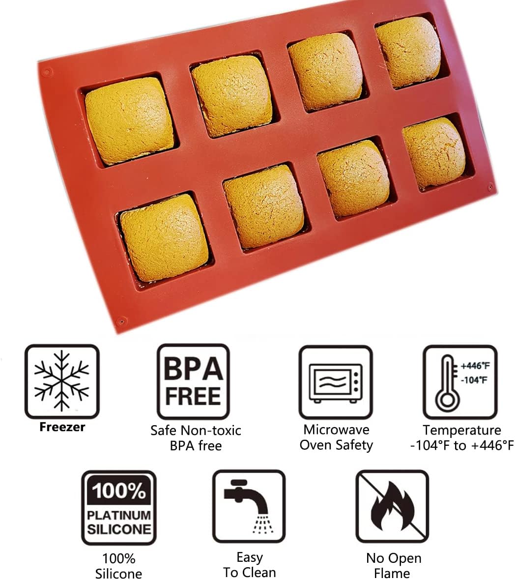 Moldes de silicona cuadrados grandes, molde para pastel de caramelo, moldes de chocolate de 8 cavidades para hornear, mousse, pastel, postre, tarta