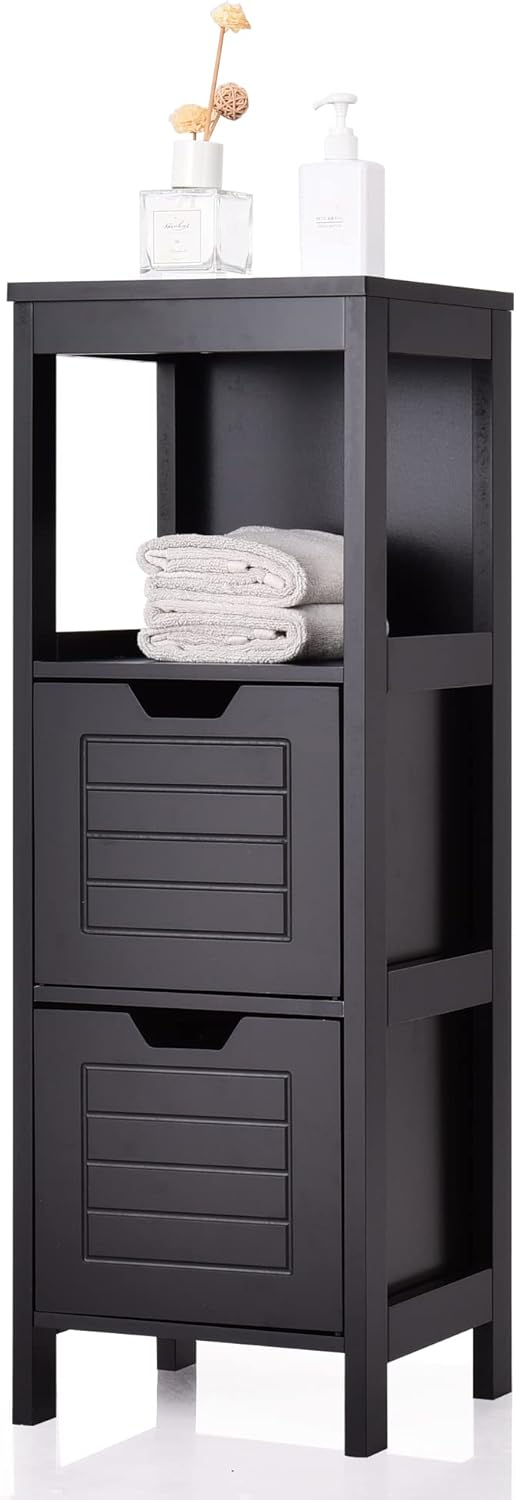 GLACER Armario de suelo de baño, armario de almacenamiento lateral de madera con dos cajones extraíbles para almacenamiento flexible, adecuado para