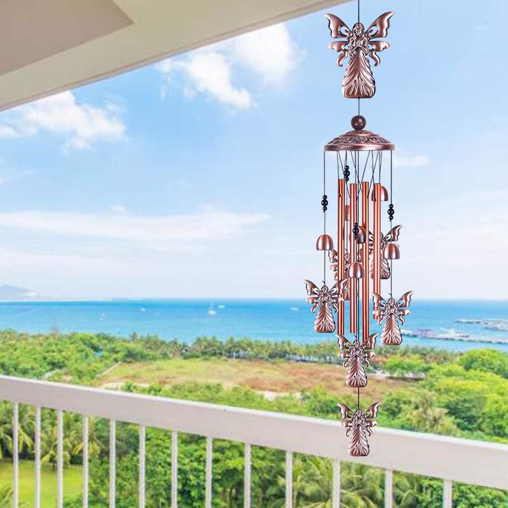 Campanillas de viento de ángel de jardín de 36 pulgadas para decoración interior y exterior, con 4 tubos de aluminio, 6 campanas, 7 ángeles,