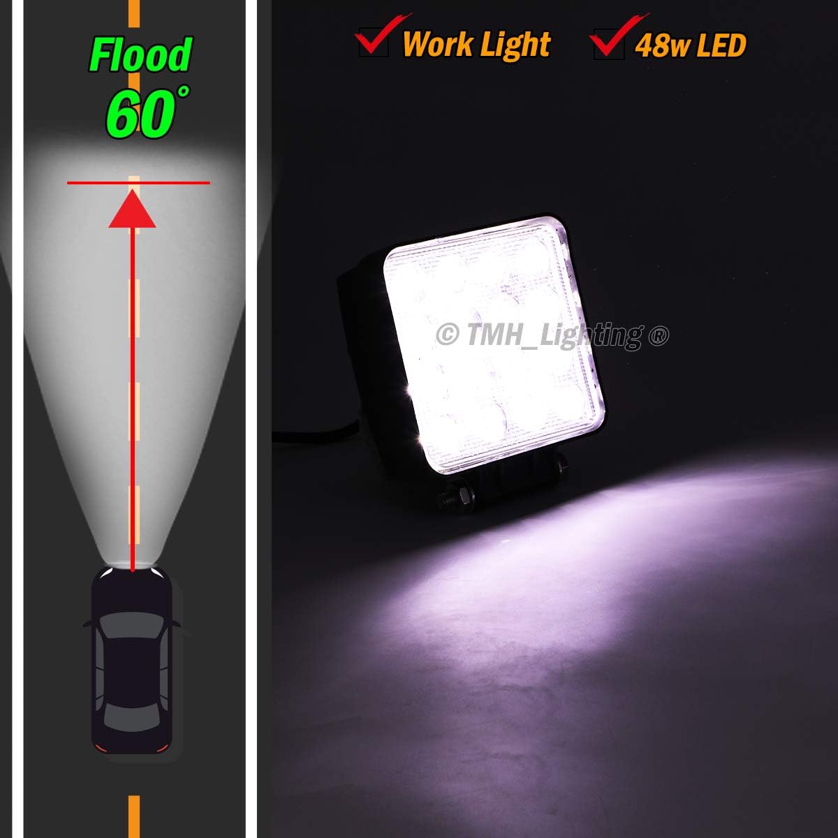 Paquete de 10 luces LED TMH de 48 W con forma cuadrada de 60 grados, luz de inundación, luz de conducción, ATV, todoterreno, 4wd, 4×4, Utv, Van,