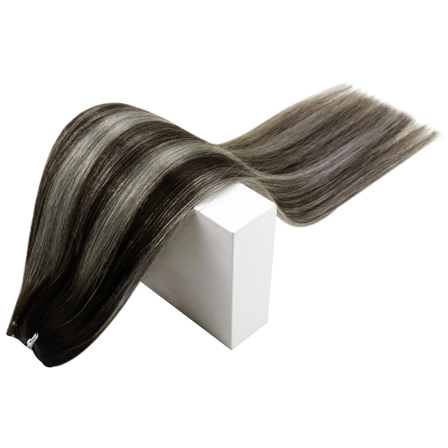RUNATURE Extensiones de cabello humano real para coser, 20 pulgadas, 3.53 onzas, extensiones de cabello natural, color negro plateado a plateado,