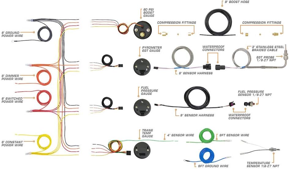 GlowShift Paquete de medidor diésel compatible con Ford F-Series F-250 F-350 1992-1997  Negro 7 colores 60 PSI Boost, 1500F EGT, temperatura de