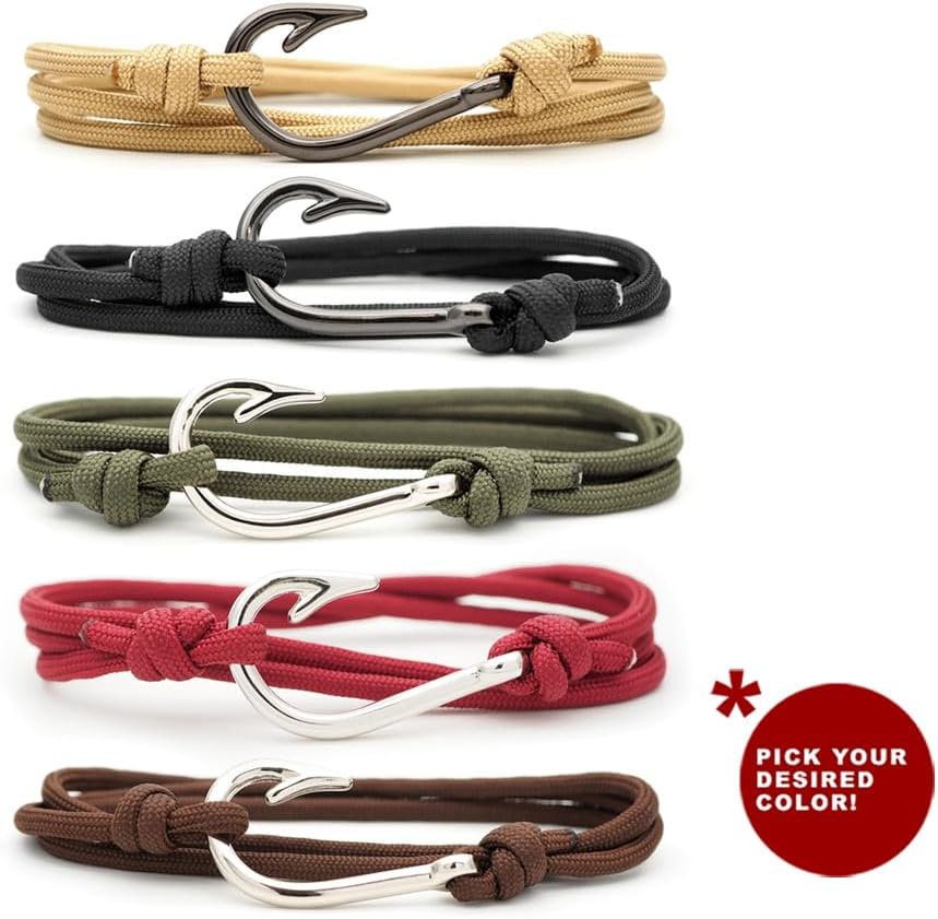CRAFTMEMORE Pulsera con colgante de gancho de pescado, hecha con cordón militar 550, pulsera ajustable y tobillera