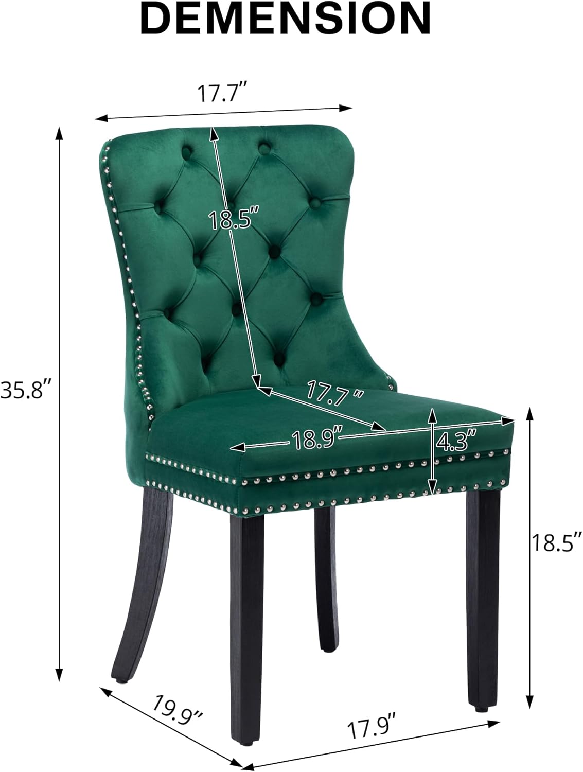 KCC Nikki Collection – Juego de 2 sillas de comedor de terciopelo tapizadas de alta gama con anillo trasero de clavo, patas de madera maciza, estilo