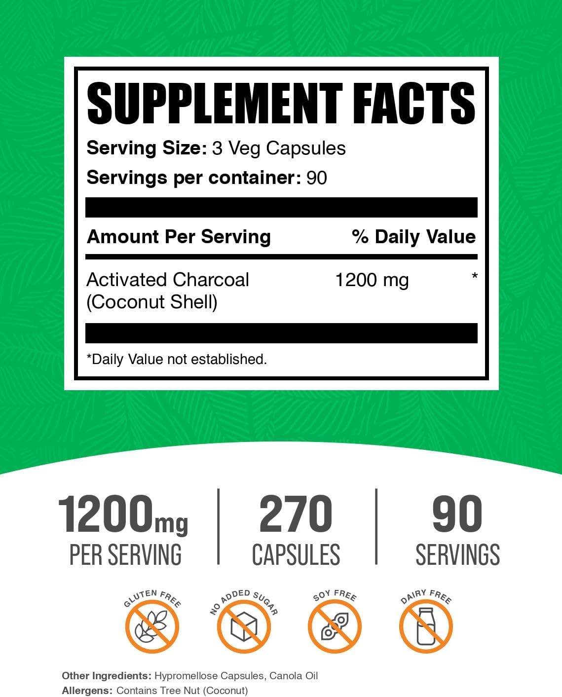 BulkSupplements. Com Cápsulas de carbón activado, carbón de coco, carbón activado para apoyo renal, píldoras de carbón activado, vegano, 3 cápsulas