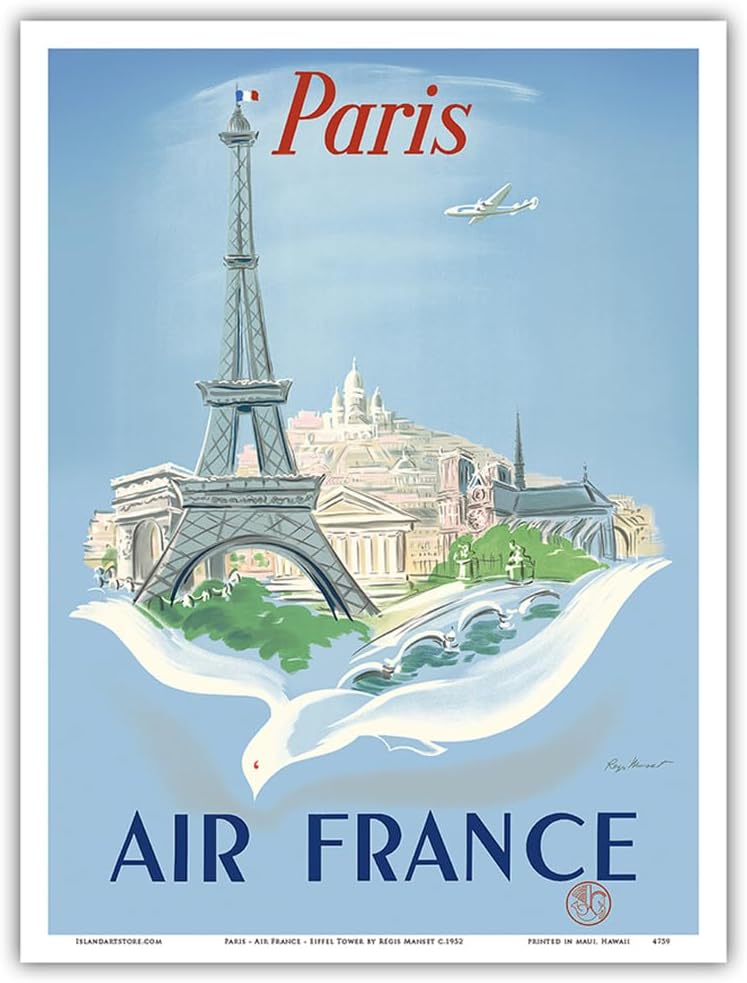 Régis Manset c.1952 – Póster de viaje con diseño de la Torre Eiffel de París, Francia, 9 x 12 pulgadas