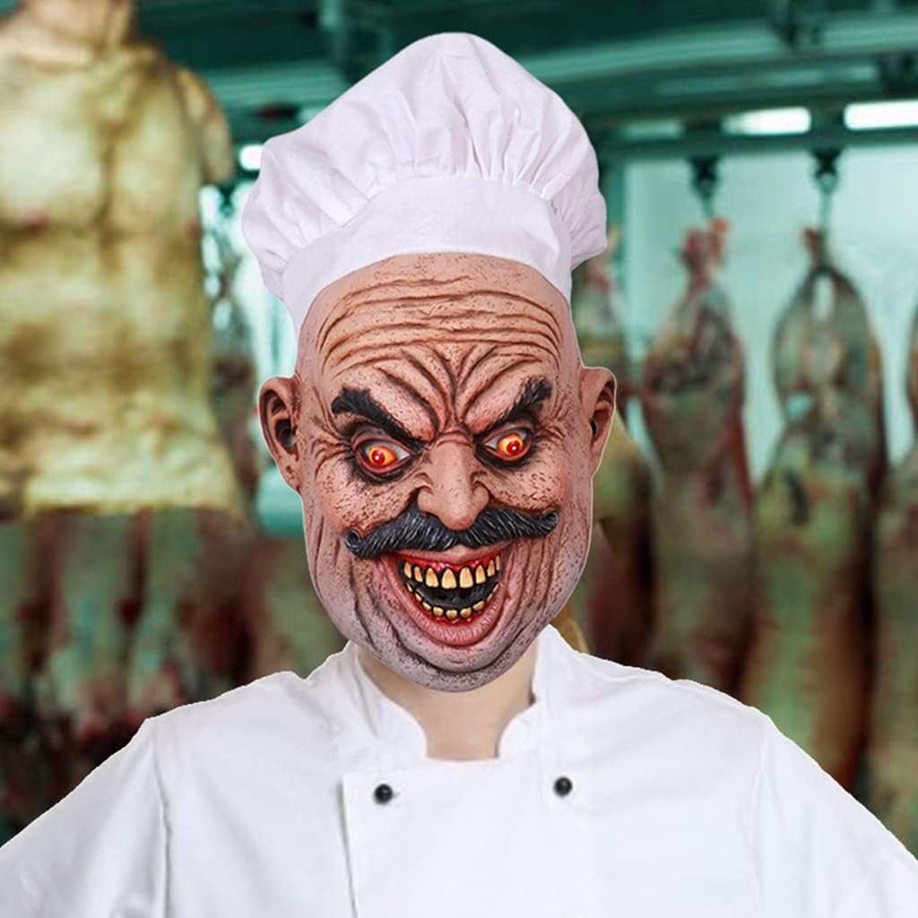 Yeahii Máscara realista de látex barbudo para chef, carnicero, Halloween, casa encantada, fantasma, mascarada, cosplay, accesorios aterradores