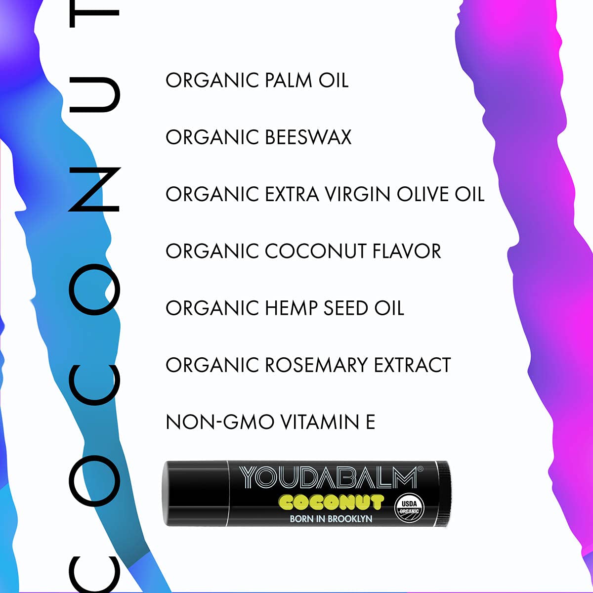 You Da Balm Bálsamo labial orgánico, sabor a coco, hidratante labial 100% natural, certificado por USDA, bálsamo labial para labios secos y