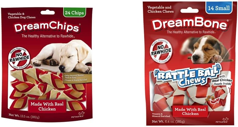 DreamBone DBC-02398 DreamChips con pollo real, 24 unidades, masticables sin piel cruda para perros y RattleBall Pequeños masticables 14 unidades,