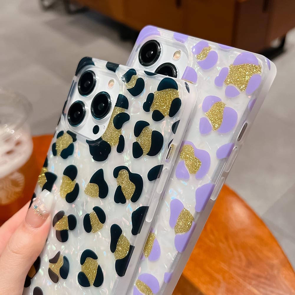 KERZZIL Funda de lujo con diseño de leopardo y perla para iPhone 13 Pro de 6.1 pulgadas, con borde cuadrado, bonito polvo dorado dorado brillante