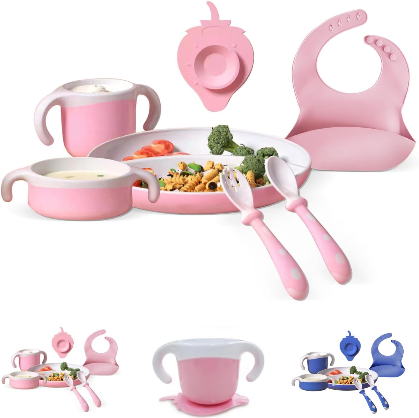 Juego de 7 piezas de alimentación para bebés  El juego de utensilios de destete LED para bebés incluye cuenco de succión y plato, cuchara y tenedor